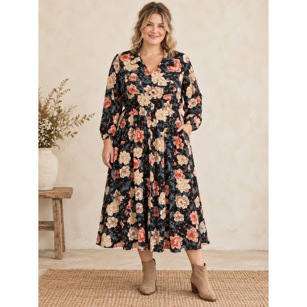 Boho Cottagecore Tradwife Black Pink Torrid Floral Buttons Pockets Midi 1X Dress